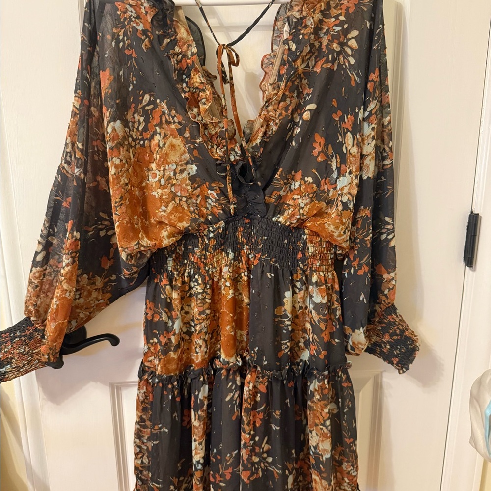 lovestitch Black Floral Long Sleeve Maxi Dress with Rust Accents
